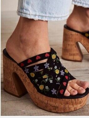 Black Embroidered Floral Cork Platform Sandals - Women